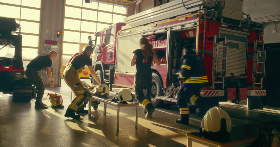 Diverse Team of Firefighters Sprint Through the Station Toward the Vehicle with Focus on a Female. They Put Their Gear with Precision, Board the Fire Truck to Handle a Critical Situation