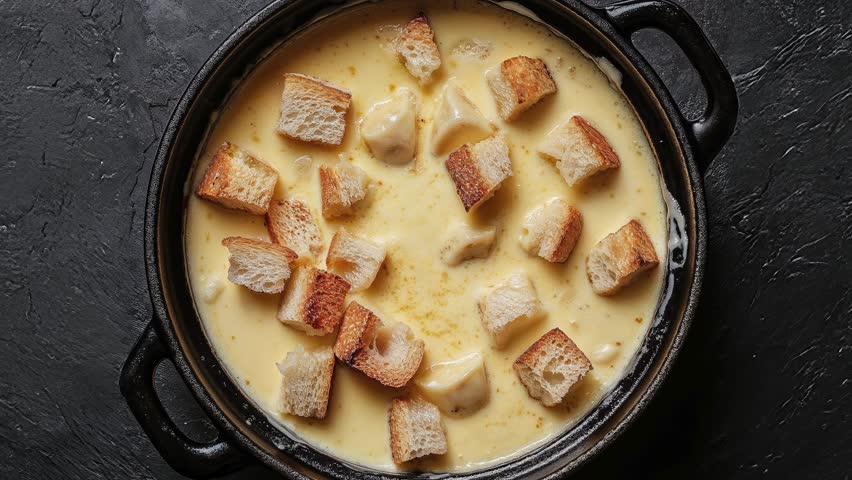Top View of Creamy Cheese Fondue with Croutons