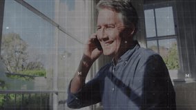 Animation of mathematical equations and school icons over caucasian man talking on smartphone. Technology, education and digital interface concept digitally generated video. - Powered by Shutterstock - Get 15% off with code: PIKWIZARD15