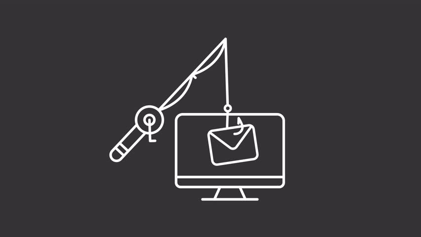 Phishing white line animation. Mail scam animated icon. Fishing reel spinning. Moving message. Email spam. Isolated illustration on dark background. Transition alpha video. Motion graphic