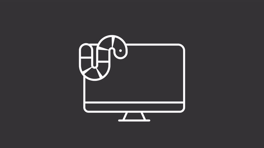 Computer worm white line animation. Exploit animated icon. Moving insect. Virus computer, technology. Pc system. Isolated illustration on dark background. Transition alpha video. Motion graphic