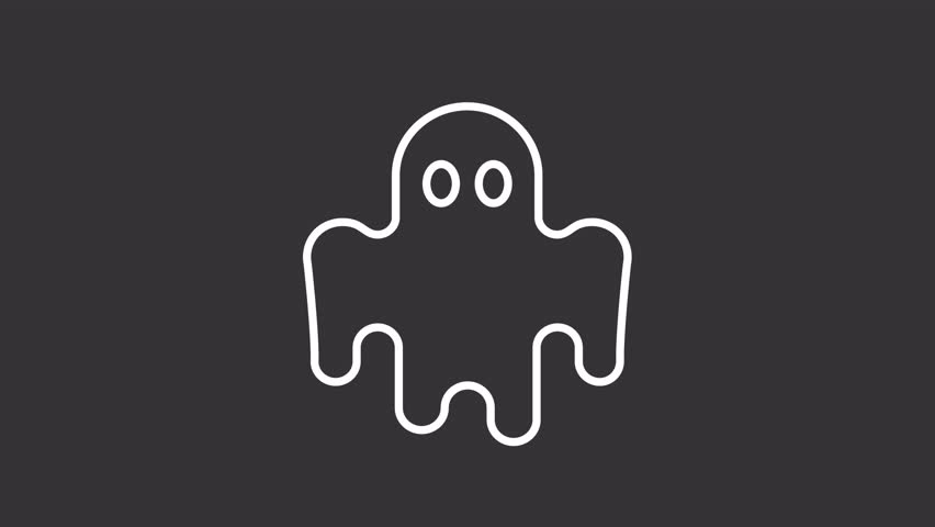 Animated ghost white icon. Spooky specter line animation. Floating phantom, moving. Halloween monster, paranormal. Isolated illustration on dark background. Transition alpha video. Motion graphic