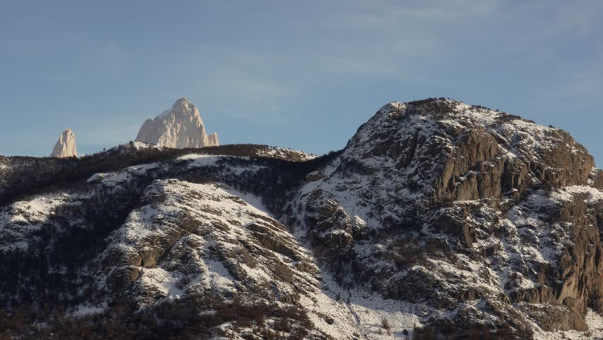 Zoomed in static view overlooking Mount Fitz Roy summit in Patagonia, Andes Mountains, El Chalten, Argentina