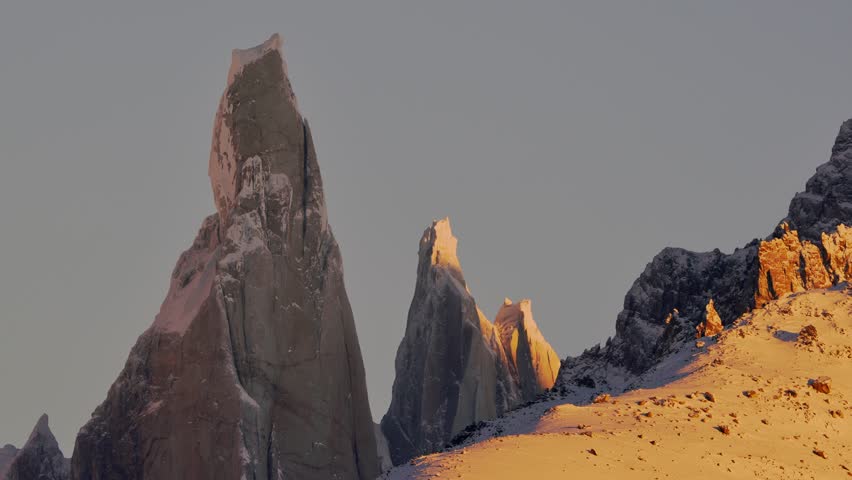 Zoomed in static view of Cerro Torre and Egger mountain peaks in the Patagonian Andes, El Chalten, Argentina