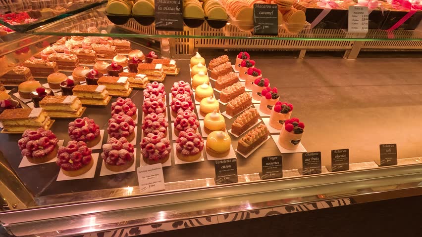 Assorted pastries and desserts in a bakery