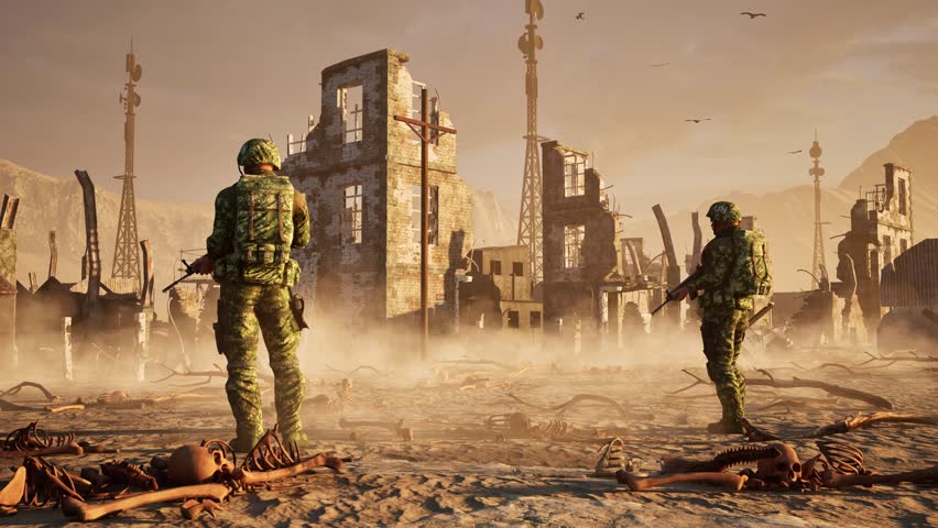Dystopian, post apocalyptic ruined destroyed city on desert arid environment, on sunset, with bones scattered all over, dust particles, and 2 soldiers guarding, 3D animation, slow zoom in
