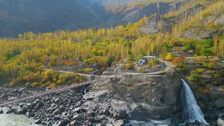 Beautiful landscape of Skardu Valley in Karakoram range with Indus and Shigar Rivers and pedestrian bridge, Aerial view