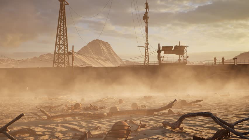 Dystopian, post apocalyptic defense wall on desert arid environment, with bones scattered all over, dust particles, and 2 soldiers guarding the wall, 3D animation, zoom in