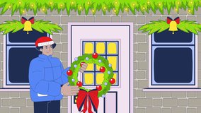 Hanging Christmas wreath on front door cartoon animation. Yuletide eve 4K video 2D motion graphic. Santa hat latino man decorating frontdoor animated character on Xmas garlands doorway background - Powered by Shutterstock - Get 15% off with code: PIKWIZARD15