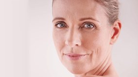 Face, skincare and mature woman with overlay, beauty or dermatology on white studio background. Portrait, person or model with confidence, wrinkles or anti aging with illustration or grooming routine - Powered by Shutterstock - Get 15% off with code: PIKWIZARD15