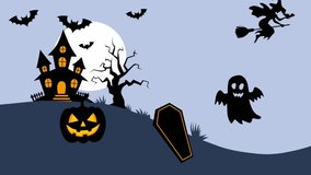 Happy Halloween background with skull, ghost, and pumpkin symbols, etc, loopable. Perfect for displaying on billboards, televisions, and other screens. - Powered by Shutterstock - Get 15% off with code: PIKWIZARD15