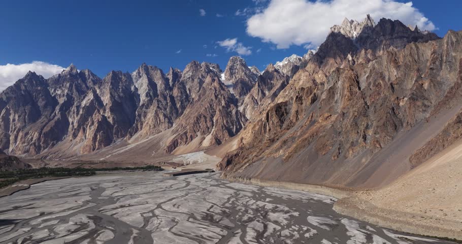 Sliding Shot Above Hunza River, Passu Cones Mountains in Gojal Valley, Pakistan