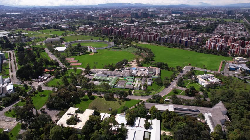 Drone Shot of Teusaquillo Neighborhood of Bogota Colombia, University Campus Park and Apartment Buildings