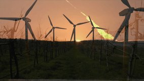 Animation of wind turbines over plantation and sun. Ecology and digital interface concept digitally generated video. - Powered by Shutterstock - Get 15% off with code: PIKWIZARD15