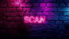 Video footage of Pink glowing Scan text, typography neon on brick wall background. Looped Neon abstract Lines. - Powered by Shutterstock - Get 15% off with code: PIKWIZARD15