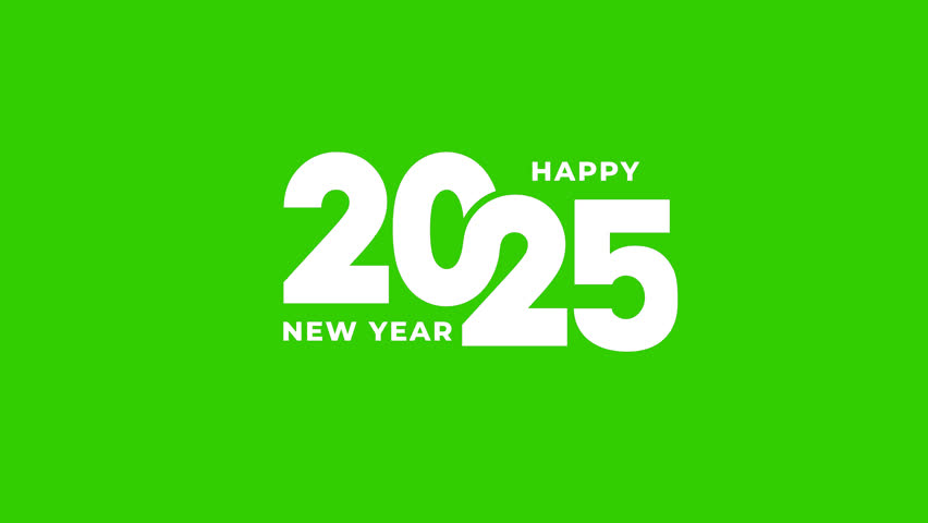 Happy New Year 2025 animation with White Colors, transparent background and Green Screen Motion. Great for celebrations, events, messages, and festivals. 4K animation
