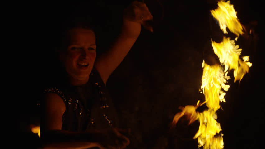 Fascinating Fire Show, Militant Women Dancing With Flame In Darkness, Ritualistic Dance In Night
