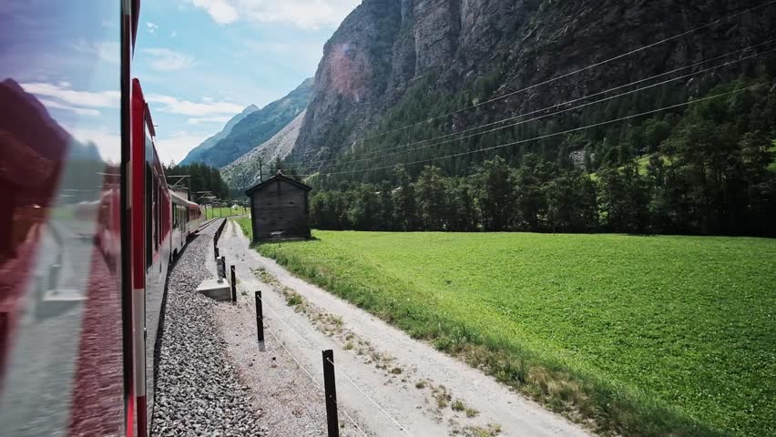Train Passing By Amazing Alps Mountain Leandscape