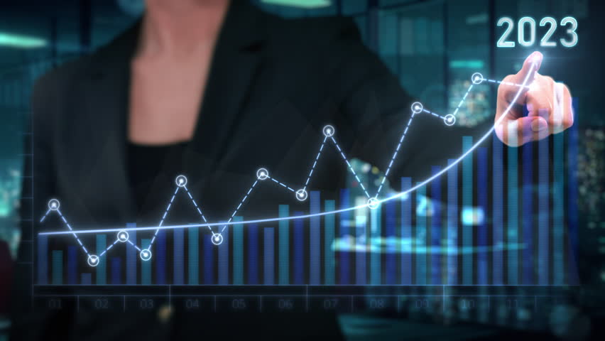 Businesswoman interacts with a glowing digital graph showing an upward trend, symbolizing growth and positive financial performance. The year 2023 is highlighted, emphasizing future business success
