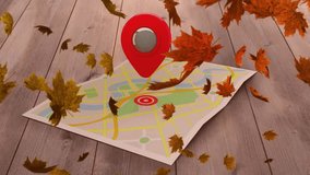 Animation of leaves falling overlocation pin with map on wooden background. Autumn, fall, nature, travel, connections, computing and data processing concept digitally generated video. - Powered by Shutterstock - Get 15% off with code: PIKWIZARD15