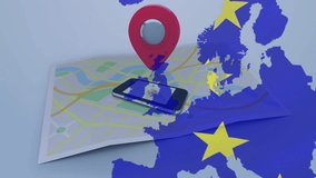 Animation of european union flag and map of europe over location pin and smartphone. Global business, connections, computing and data processing concept digitally generated video. - Powered by Shutterstock - Get 15% off with code: PIKWIZARD15