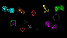 Animation of video game neon items over game over text on black background. Global video game, digital interface, communication, computing and data processing concept digitally generated video. - Powered by Shutterstock - Get 15% off with code: PIKWIZARD15