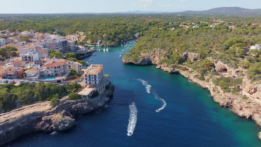 drone view of Mallorca coastline Balearic Islands in summer, vacation in Spain, Cala Figuera en Palma de Mallorca, holiday in Spanish fishing village. High quality 4k footage