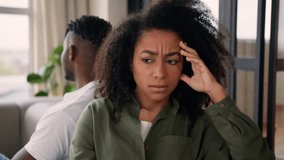 Sad angry couple African American family man guy boyfriend husband offended woman girl girlfriend wife ignoring betrayal jealous quarrel conflict divorce breakup relationship problem sit apart at home - Powered by Shutterstock - Get 15% off with code: PIKWIZARD15