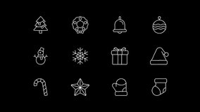 Christmas icon scribble animated on transparent background. Doodle element motion graphic with alpha channel. Snowman, tree, candy cane, mistletoe, snowflake, star, gift, ornament, hat, glove, sock. - Powered by Shutterstock - Get 15% off with code: PIKWIZARD15