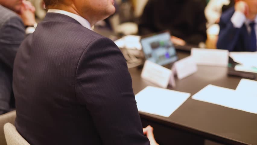 Board of directors in meeting room, Company executive director and management at the table, global corporation boss, parters team and investors, CEO back view, discussing project and planning strategy