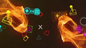 Colorful gaming icons and particles animation over dark background. digital, technology, futuristic, virtual, entertainment, cyber - Powered by Shutterstock - Get 15% off with code: PIKWIZARD15