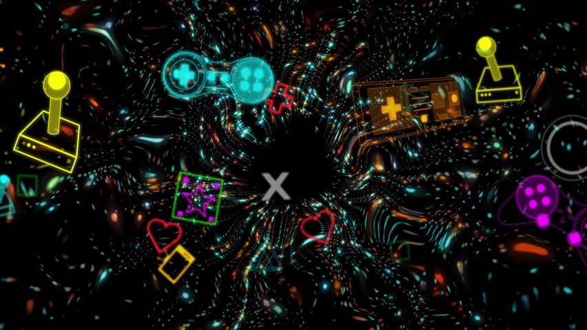 Colorful gaming icons over swirling vortex animation. digital, graphics, entertainment, technology, vibrant, fun