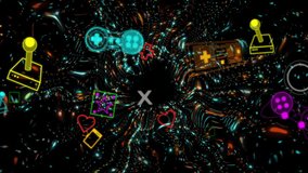 Colorful gaming icons over swirling vortex animation. digital, graphics, entertainment, technology, vibrant, fun - Powered by Shutterstock - Get 15% off with code: PIKWIZARD15