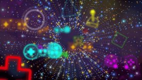 Colorful geometric shapes and symbols animation over starburst pattern. Abstract, background, vibrant, design, art, digital - Powered by Shutterstock - Get 15% off with code: PIKWIZARD15