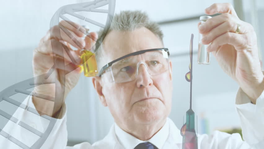 Scientist examining test tubes with DNA strand and syringe animation over laboratory scene. Science, research, biotechnology, experiment, genetic, microbiology - Powered by Shutterstock - Get 15% off with code: PIKWIZARD15