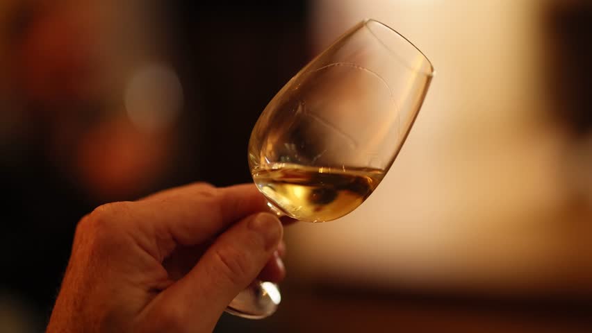 Hand holding whiskey glass, examining the contents