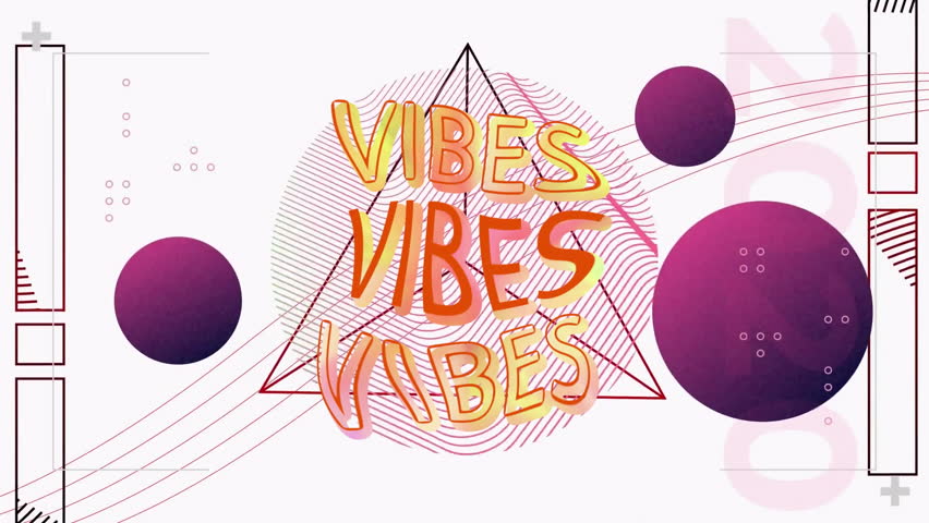 VIBES VIBES VIBES text animation over geometric shapes and purple spheres. typography, text design, graphic design, motion graphics, abstract, modern