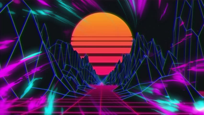 Neon grid landscape and mountains with glowing sunset in retro-futuristic animation. Cyberpunk, digital art, 80s, vaporwave, synthwave - Powered by Shutterstock - Get 15% off with code: PIKWIZARD15