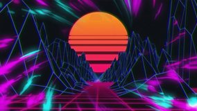 Neon grid landscape and mountains with glowing sunset in retro-futuristic animation. Cyberpunk, digital art, 80s, vaporwave, synthwave - Powered by Shutterstock - Get 15% off with code: PIKWIZARD15