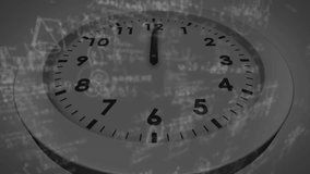 Clock face with mathematical equations and graphs animation over black background. Time, mathematics, science, physics, concepts, abstract - Powered by Shutterstock - Get 15% off with code: PIKWIZARD15