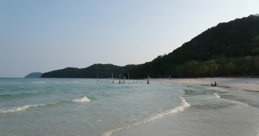 sticks in the sea on a paradise beach in vertically