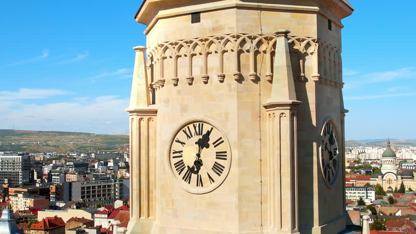 Aerial drone view of Saint Michael Church in Cluj, Romania. Cityscape, central square, old buildings