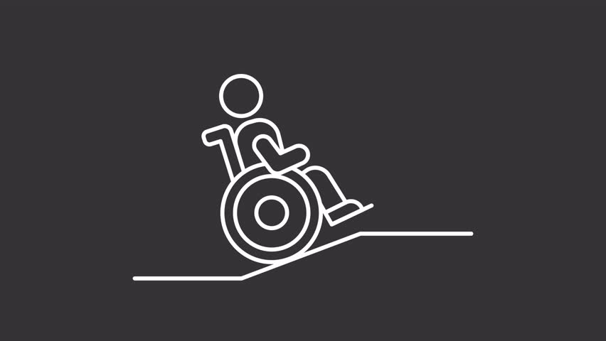 Wheelchair ramp white line animation. Disabled assistance animated icon. Moving, climbing up. Transportation aid. Isolated illustration on dark background. Transition alpha video. Motion graphic