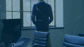 Animation of network of connections over biracial businessman looking through window. Technology, business and digital interface concept digitally generated video. - Powered by Shutterstock - Get 15% off with code: PIKWIZARD15