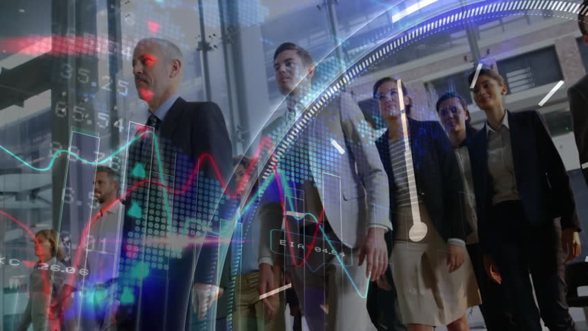 Animation of data processing and clock over diverse business people on escalator. Technology, business and digital interface concept digitally generated video. - Powered by Shutterstock - Get 15% off with code: PIKWIZARD15