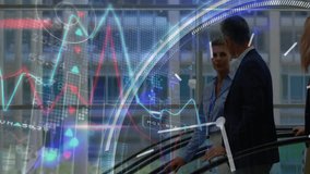 Animation of data processing and clock over diverse business people on escalator. Technology, business and digital interface concept digitally generated video. - Powered by Shutterstock - Get 15% off with code: PIKWIZARD15
