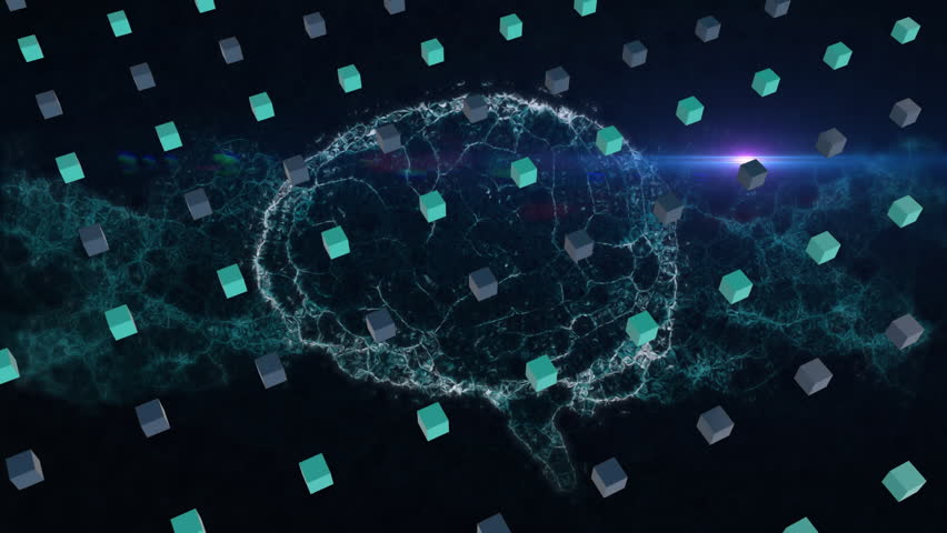 Animation of rows of cubes, human brain and dna strand spinning over dark background. Global science, connections, computing and data processing concept digitally generated video. - Powered by Shutterstock - Get 15% off with code: PIKWIZARD15