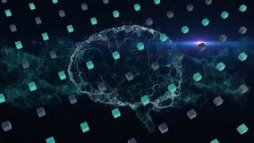Animation of rows of cubes, human brain and dna strand spinning over dark background. Global science, connections, computing and data processing concept digitally generated video. - Powered by Shutterstock - Get 15% off with code: PIKWIZARD15