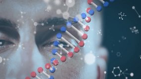 Animation of caucasian woman's face and dna strand spinning over dark background. Global science, connections, computing and data processing concept digitally generated video. - Powered by Shutterstock - Get 15% off with code: PIKWIZARD15
