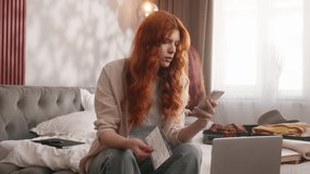 Confused traveler woman at bedroom trying booking hotel airline laptop flight cancel problem calling support service talk mobile phone female girl at bed preparing trip travel trouble tickets passport - Powered by Shutterstock - Get 15% off with code: PIKWIZARD15